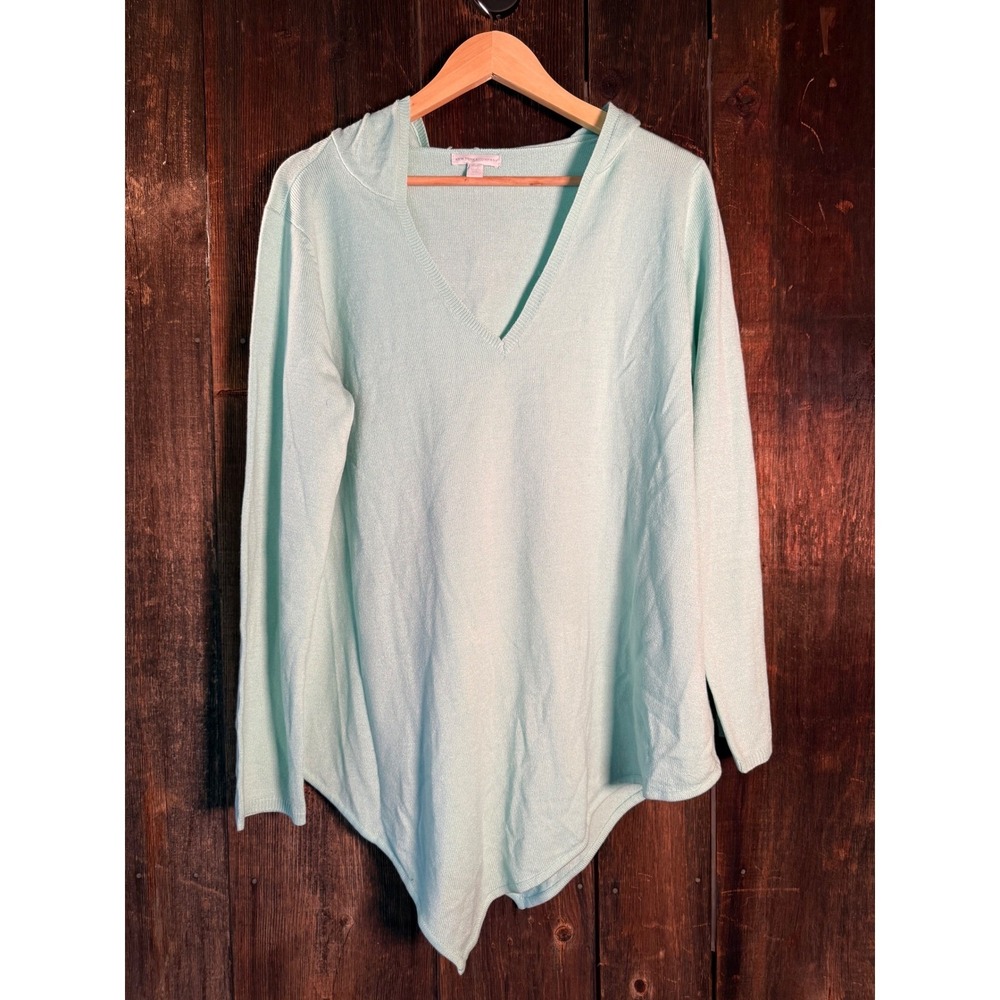 New York & Company Mint Green V-Neck Hooded Sharkbite Hem Knit Sweater Large